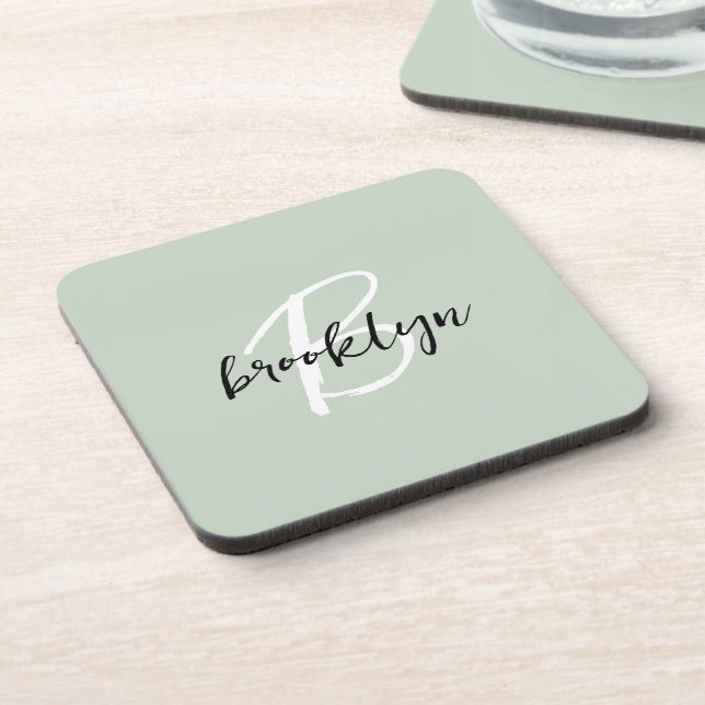 Sage Green Black and White Script Monogram  Coaster (Left Side)