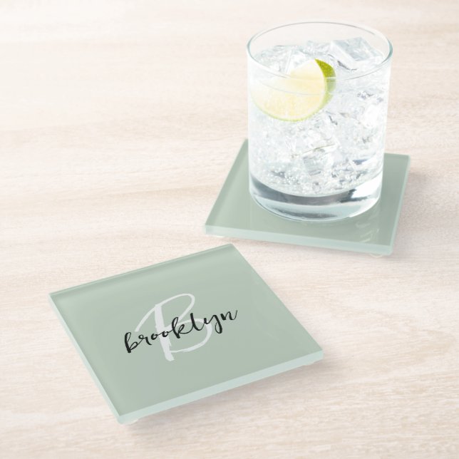 Sage Green Black and White Script Monogram  Glass Coaster (Angled)