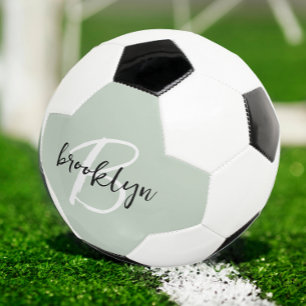 Sage Green Black and White Script Monogram  Soccer Ball