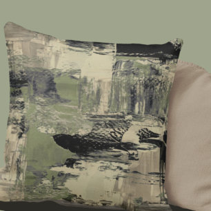 Sage Green & Black Artistic Abstract Painting Cushion