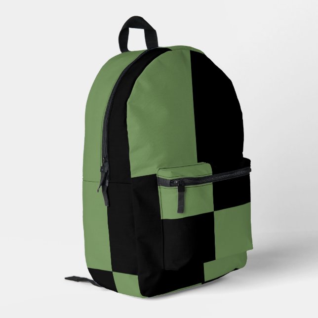 Sage Green Black Chequered Pattern Printed Backpack (Back Corner Left)