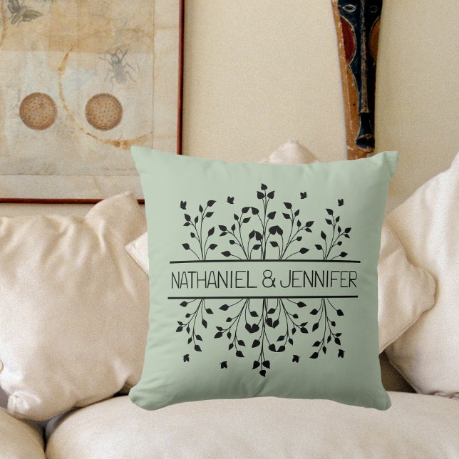 Sage Green & Black Floral Frame Monogram Wedding Cushion (Creator Uploaded)