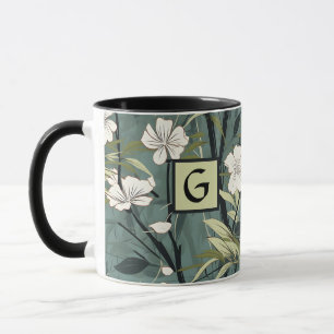 Sage Green Black Floral Japanese Style Monogram  Mug