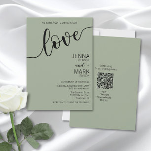Sage Green Black Love Script Minimalist Wedding Invitation