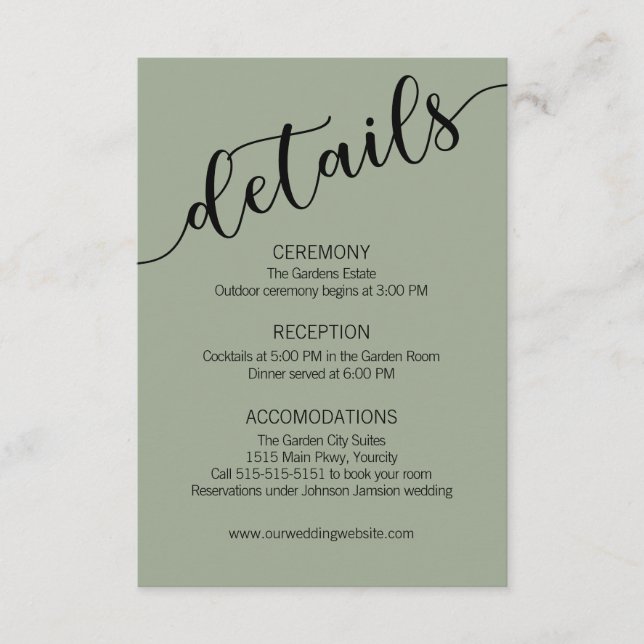 Sage Green Black Script Wedding Details  Enclosure Card (Front)
