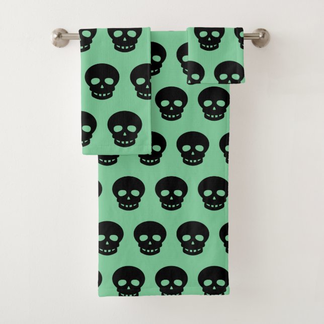 Sage Green Black Skull Pattern Bath Towel Set (Insitu)