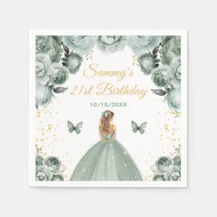 Sage Green Blonde Hair Princess Birthday Party Napkin