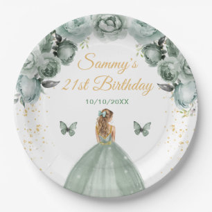 Sage Green Blonde Hair Princess Birthday Party Paper Plate