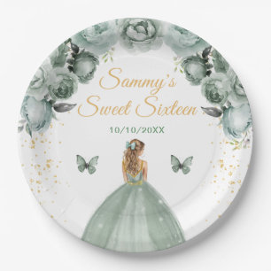Sage Green Blonde Hair Princess Sweet Sixteen Paper Plate