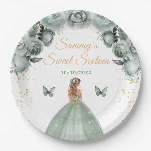 Sage Green Blonde Hair Princess Sweet Sixteen Paper Plate (Front)