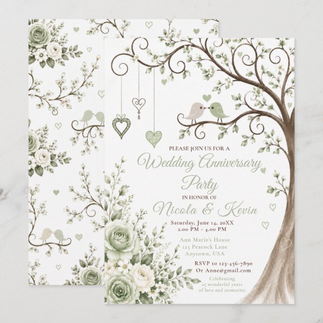 Sage Green Blossom Anniversary Party Invitation (Front/Back)