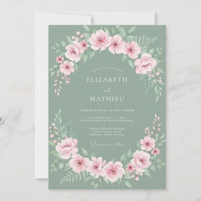 Sage Green Blossoming Garland Wedding Invitation (Front)