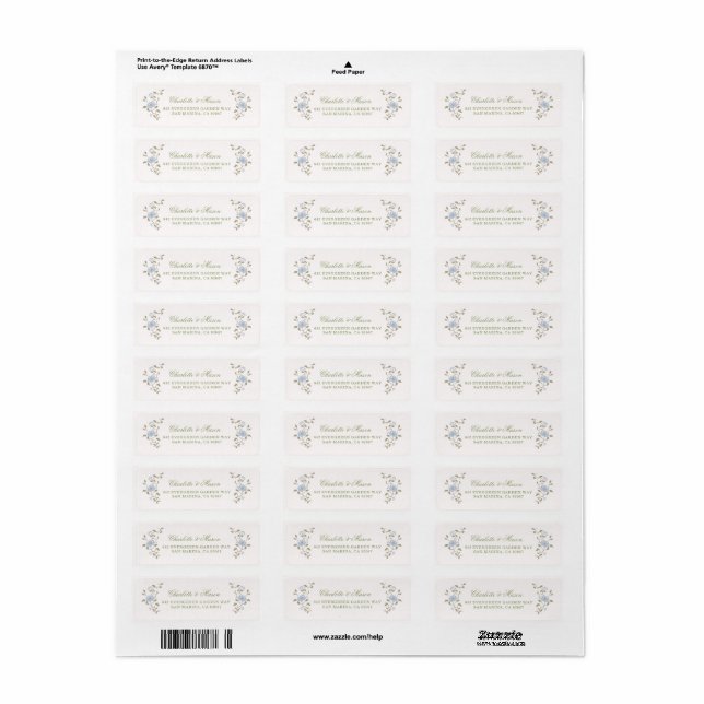 Sage Green Blue Botanical Wedding Return Address (Full Sheet)