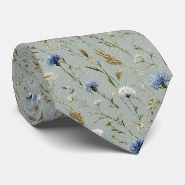 Sage Green Blue Cornflower Personalised Wedding Tie (Rolled)