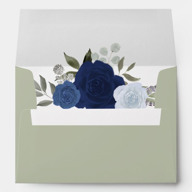 Sage Green Blue Floral Elegant Wedding Envelope (Back (Bottom))