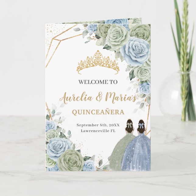 Sage Green Blue Floral Quinceañera Order of Events Programme (Front)