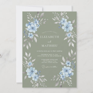 Sage Green Blue Floral Watercolor Wedding Invitation