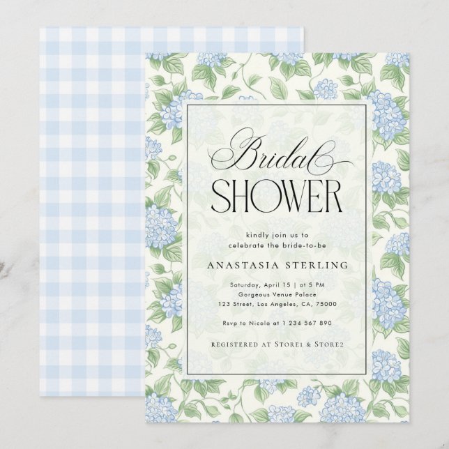 Sage Green & Blue Hydrangea Garden Bridal Shower Invitation (Front/Back)