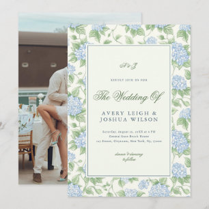 Sage Green Blue Hydrangea Monogram Garden Wedding Invitation