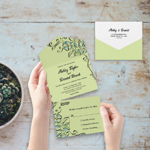 Sage Green Blue Roses Simple Modern Floral Wedding All In One Invitation