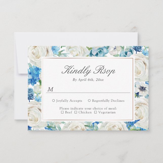 Sage Green Blue White Botanical Floral Border RSVP Card (Front)