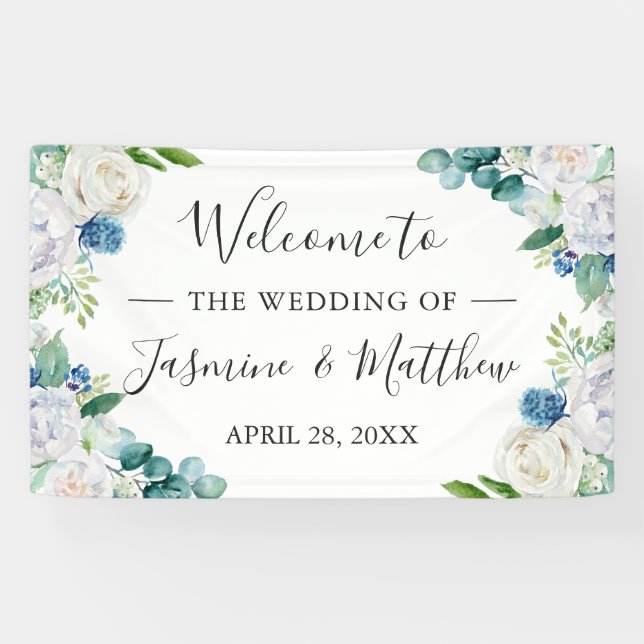 Sage Green Blue White Floral Wedding Party Banner (Horizontal)