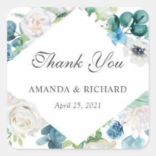 Sage Green Blue White Floral Wedding Thank You Square Sticker