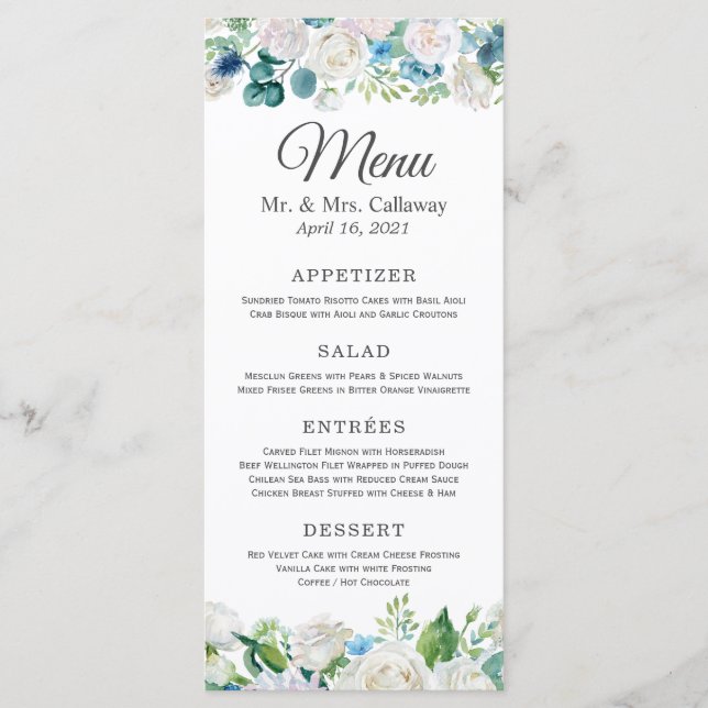 Sage Green Blue White Peonies Floral Wedding Menu (Front)