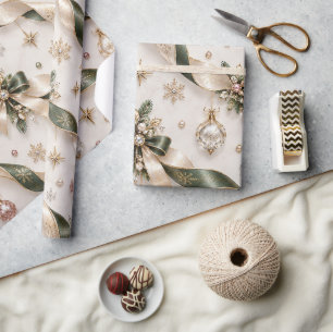 Sage Green Blush Christmas Ribbons Wrapping Paper
