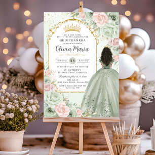 Sage Green Blush Floral Brown Girl Quinceañera  Invitation