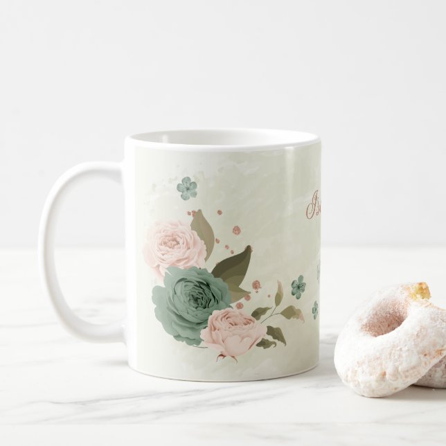 sage green blush floral  coffee mug (With Donut)