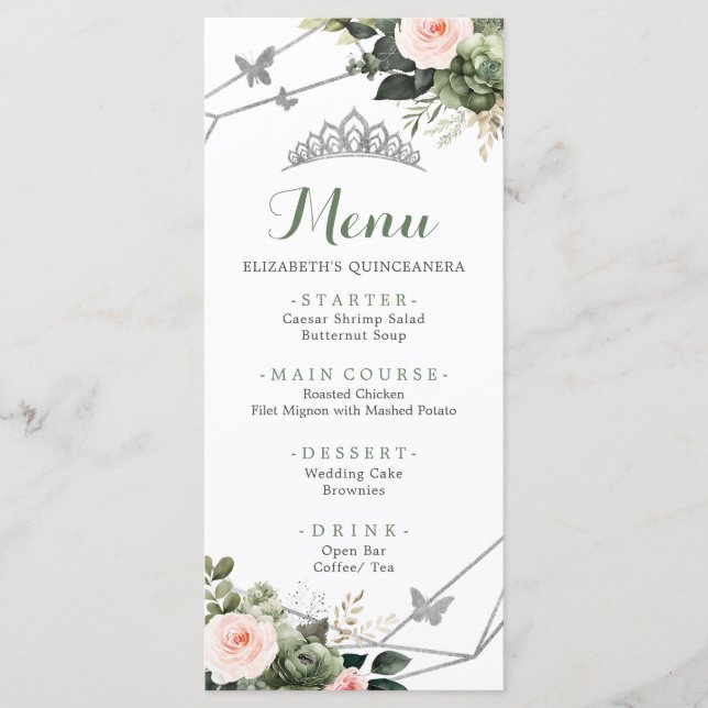 Sage Green Blush Floral Girl XV Años Birthday Menu (Front)