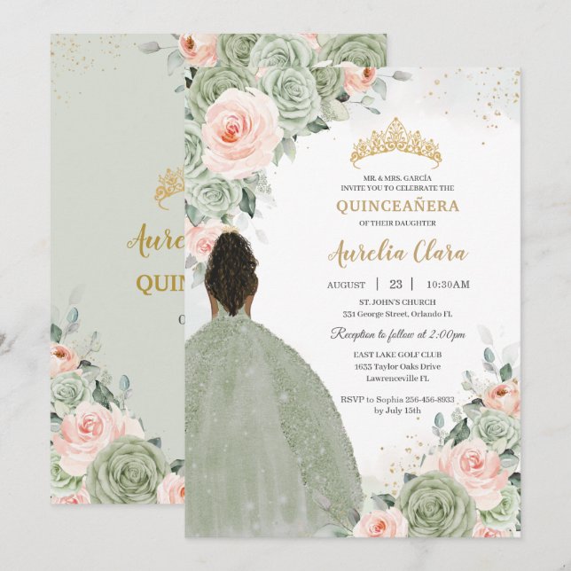 Sage Green Blush Floral Gold Quinceañera Sweet 16 Invitation (Front/Back)
