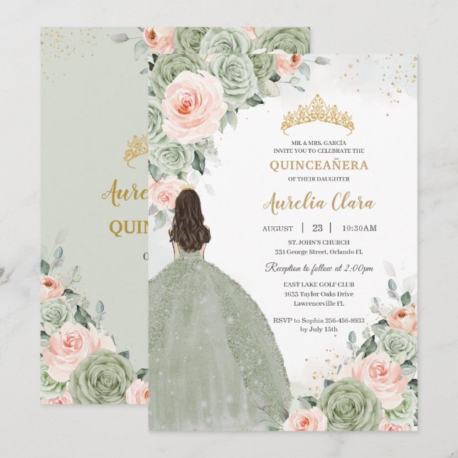 Sage Green Blush Floral Gold Quinceañera Sweet 16 Invitation (Front/Back)