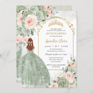 Sage Green Blush Floral Gold Quinceañera Sweet 16 Invitation