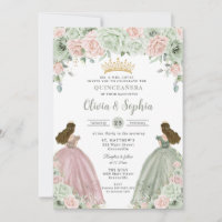 Sage Green Blush Floral Twin Girls Quinceañera 