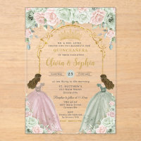 Sage Green Blush Floral Twins Gold Quinceañera 