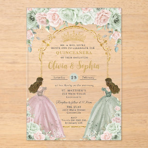 Sage Green Blush Floral Twins Gold Quinceañera  Acrylic Invitations