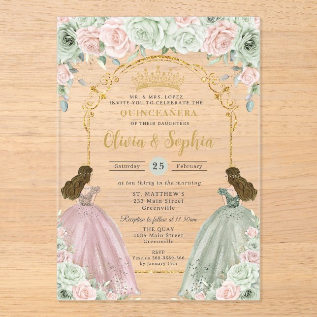 Sage Green Blush Floral Twins Gold Quinceañera  Acrylic Invitations (Front)