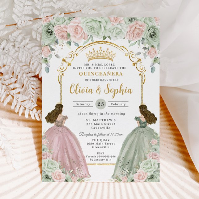 Sage Green Blush Floral Twins Gold Quinceañera  Invitation (Creator Uploaded)