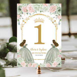 Sage Green Blush Floral Twins Quinceanera Birthday Table Number