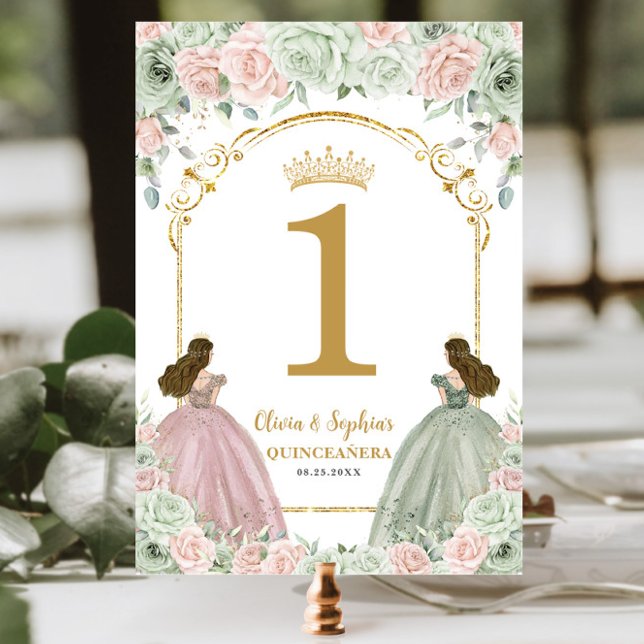 Sage Green Blush Floral Twins Quinceanera Table Number (Creator Uploaded)
