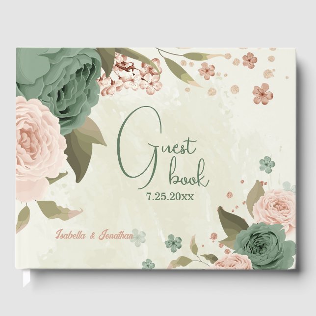 sage green blush floral wedding guest book (Front)