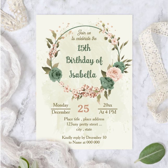 sage green blush flowers botanical birthday invitation (Creator Uploaded)