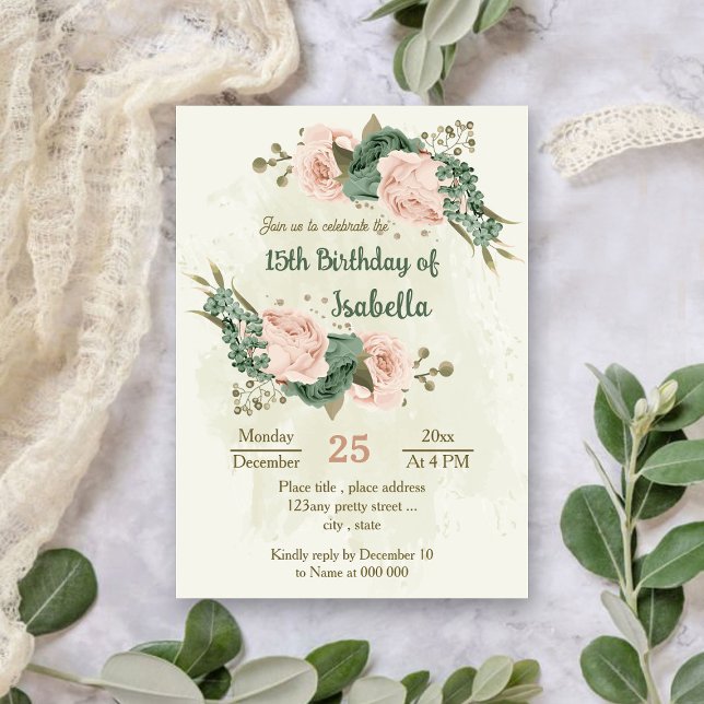 sage green blush flowers botanical birthday invitation (Creator Uploaded)