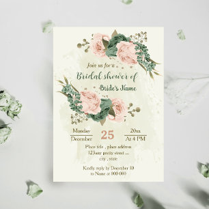 sage green blush flowers botanical bridal shower invitation