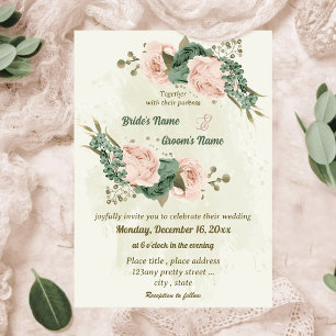 sage green blush flowers botanical wedding invitation
