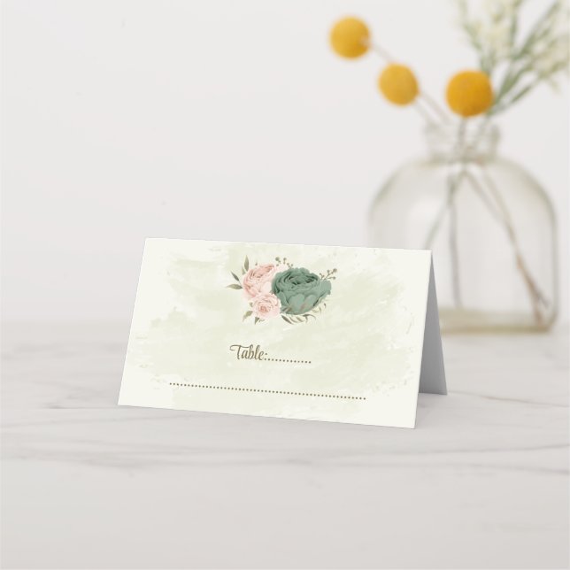 sage green blush flowers botanical wedding place card (Front)