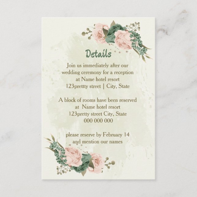 sage green blush flowers wedding details enclosure card (Front)