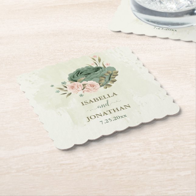 sage green blush flowers wedding paper coaster (Angled)